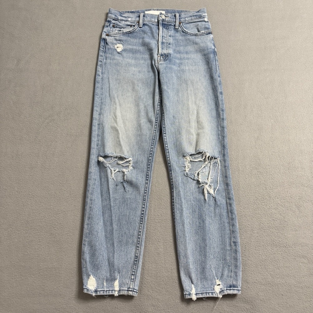 MOTHER Straight Leg Jeans in Light Blue with Distressed Knees